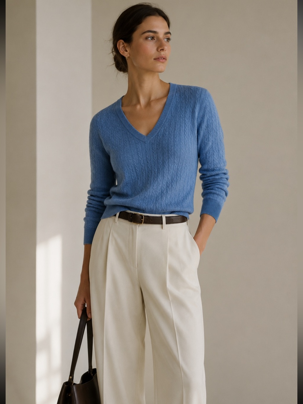 Talbots Cable Pima Cotton V‑Neck Sweater in Cornflower Blue